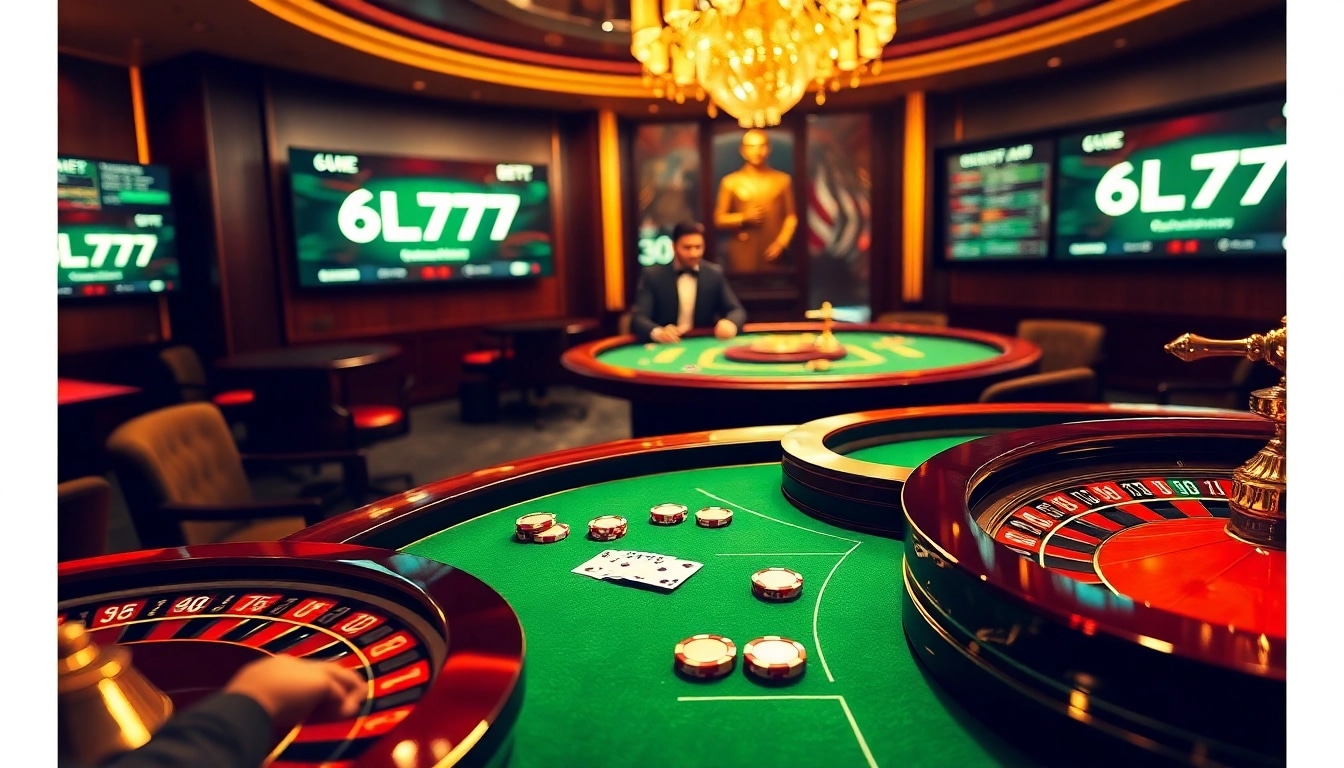 Players engaged at a luxurious casino table with 6L777 visible on digital screens, conveying excitement.