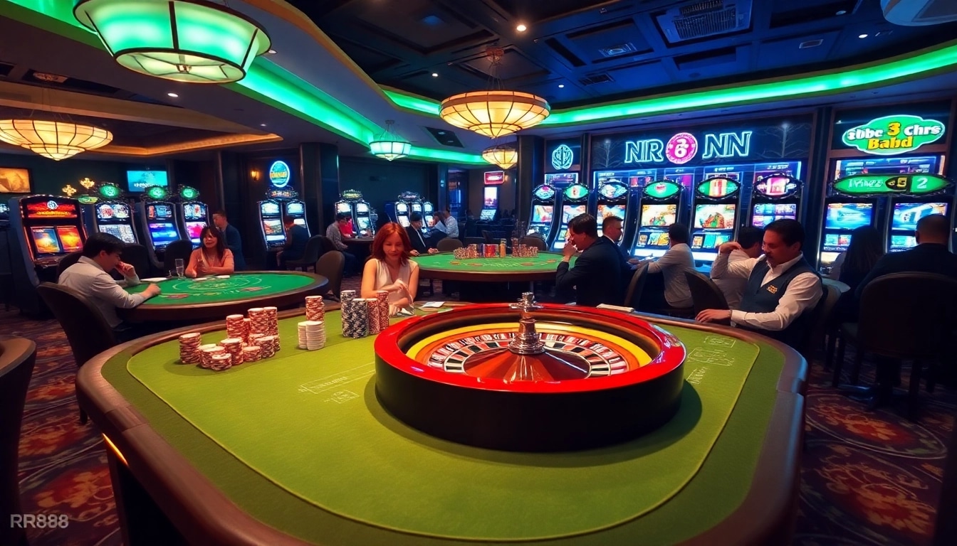Experience thrilling gameplay at RR88's vibrant casino scene with luxurious tables and engaging players.