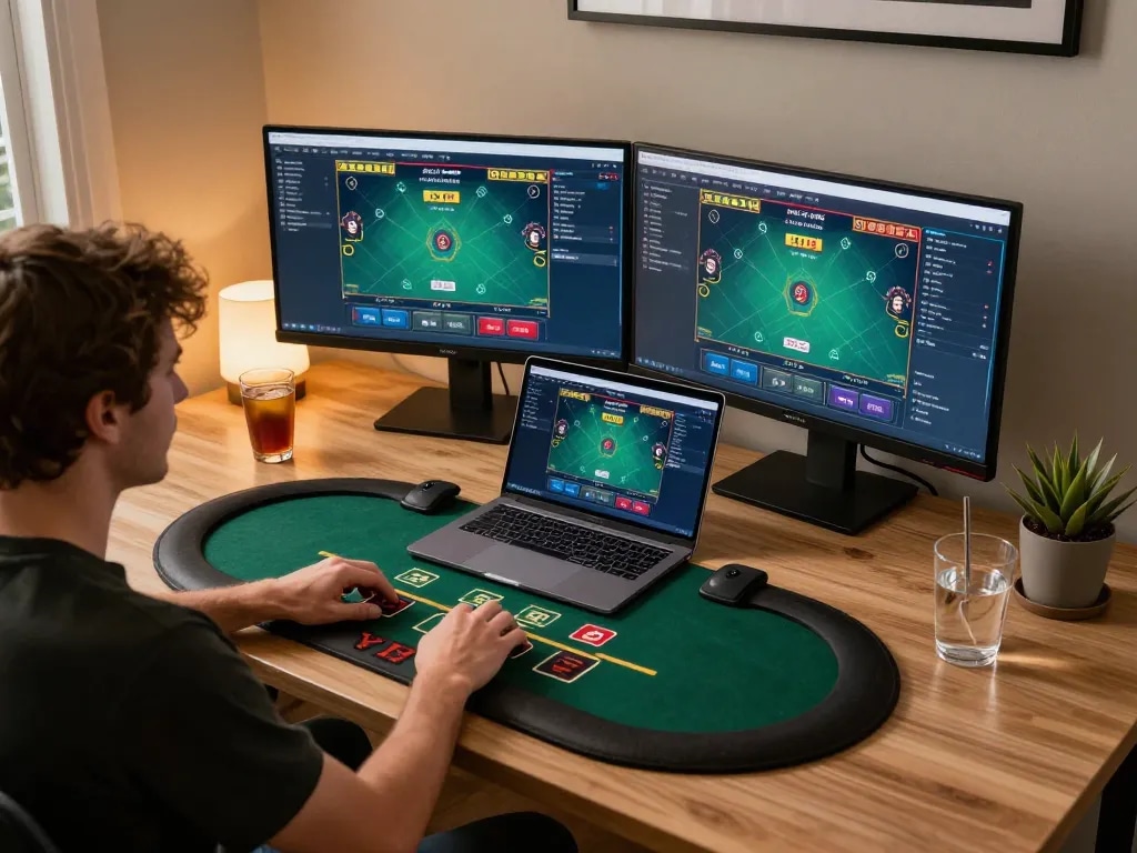 Engaged at U888 online gaming, a player enjoys a live blackjack game in a cozy home office.