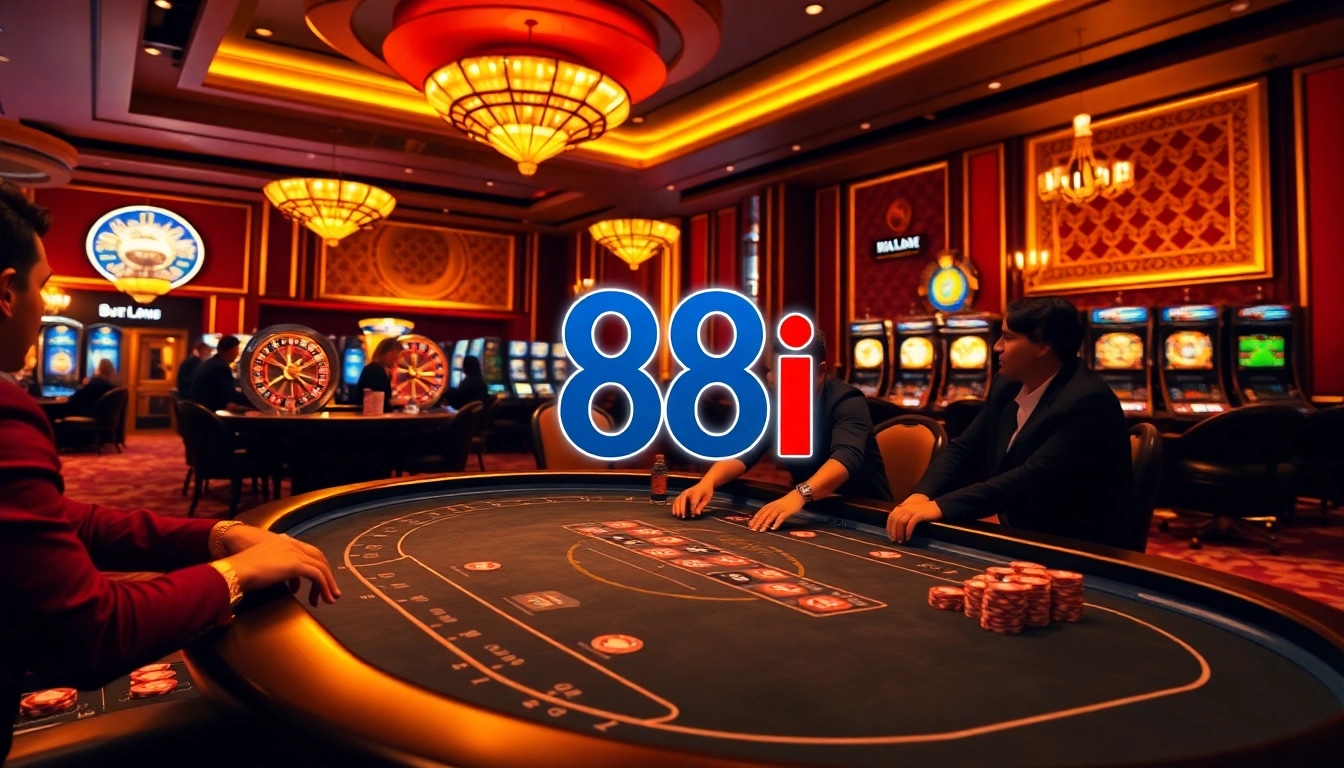 Experience the thrill of 88i casino with dynamic gaming visuals, poker chips, and roulette.