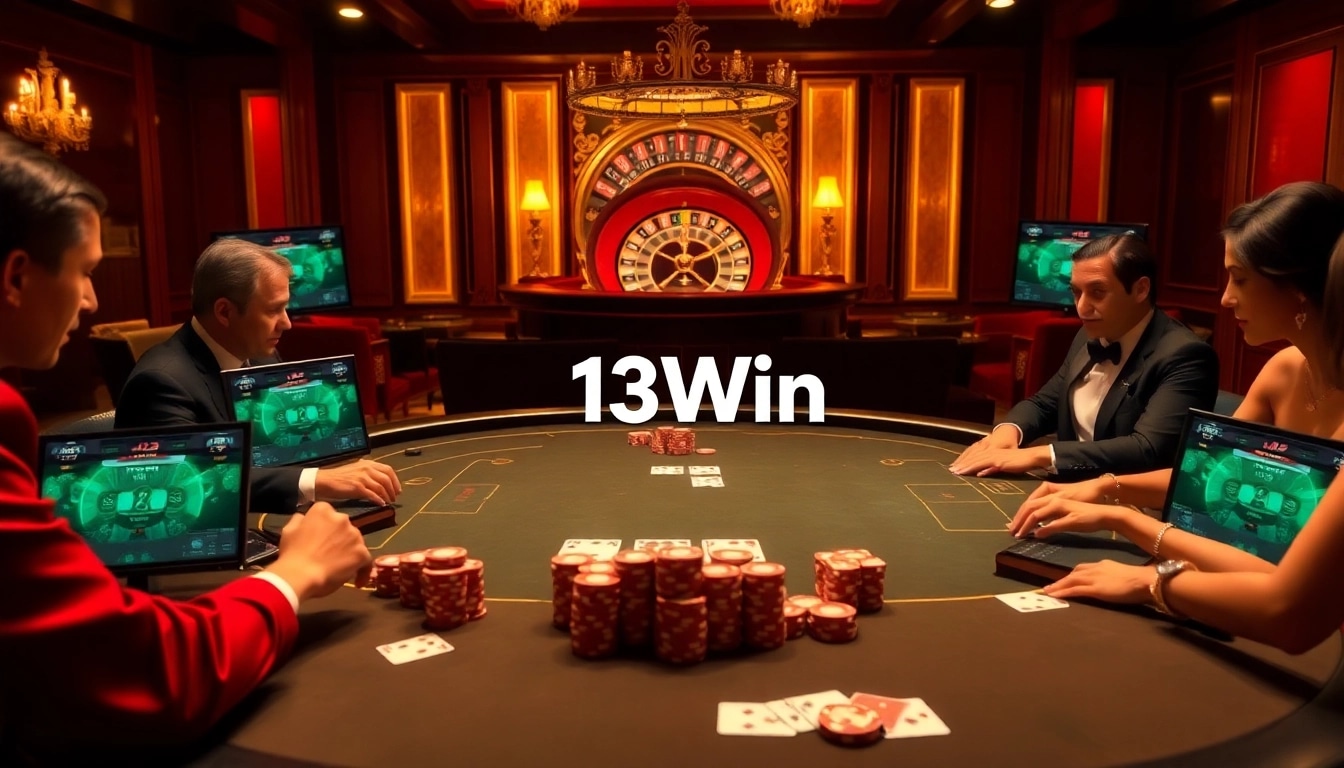 Players engage in an intense game at a luxurious 13Win poker table, showcasing excitement and elegance.