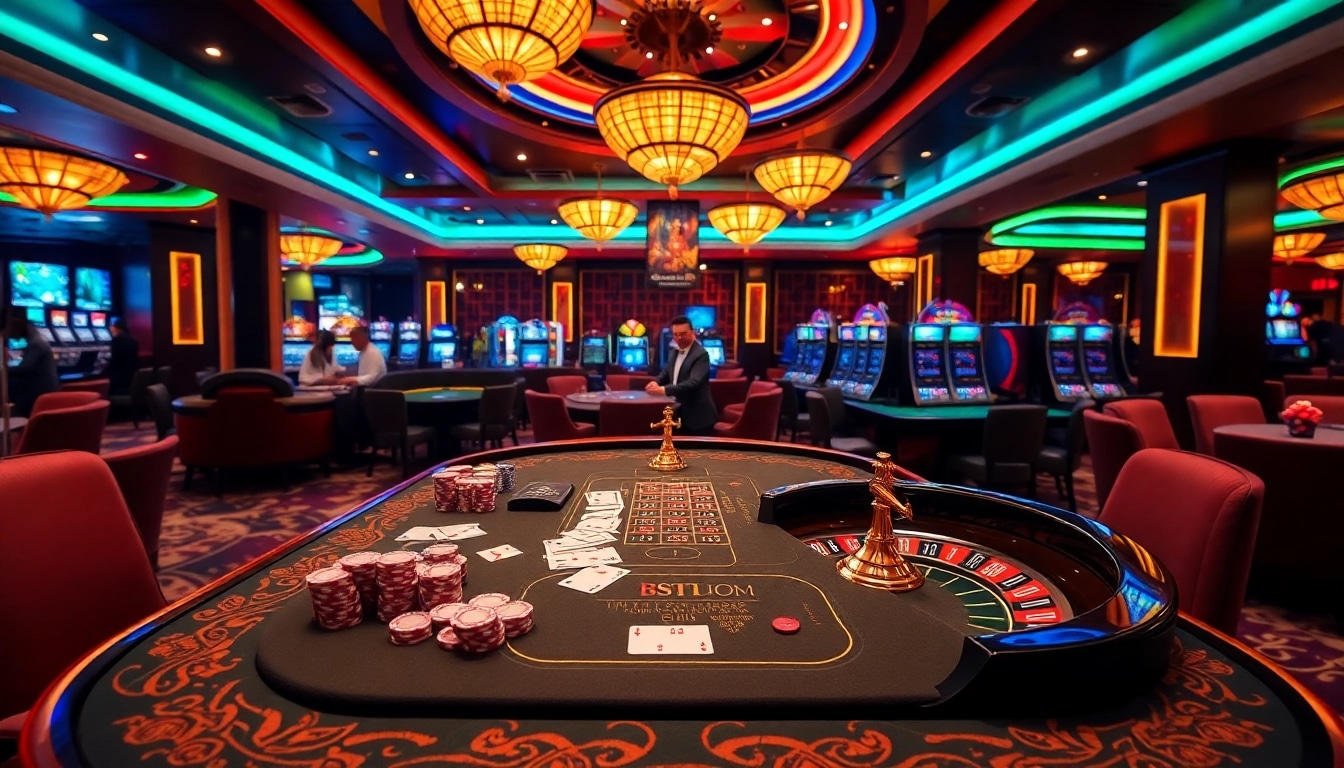 A lively gaming scene at nhà cái usbet, featuring players at a poker table surrounded by vibrant casino decor.