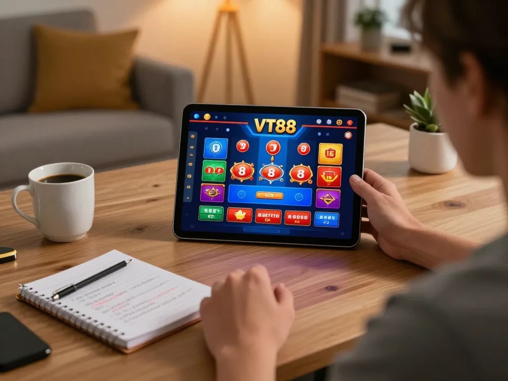 VT88 player strategizing with tablet during online gaming session in cozy home setup.