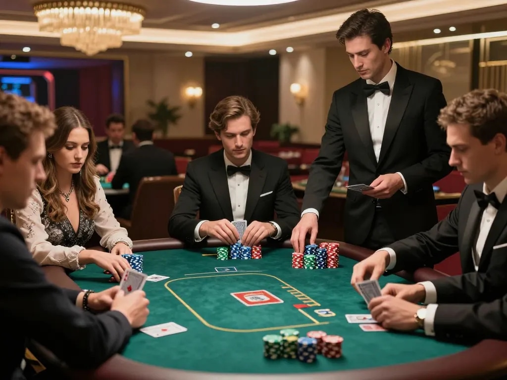 MM88 players enjoying intense poker games at a luxurious casino table amid vibrant chips and dealer.