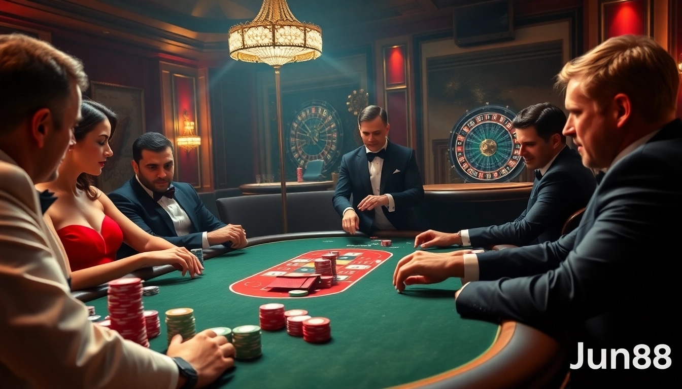 Gamblers enjoying high-stakes poker at Jun88's luxurious casino, representing excitement and strategy.