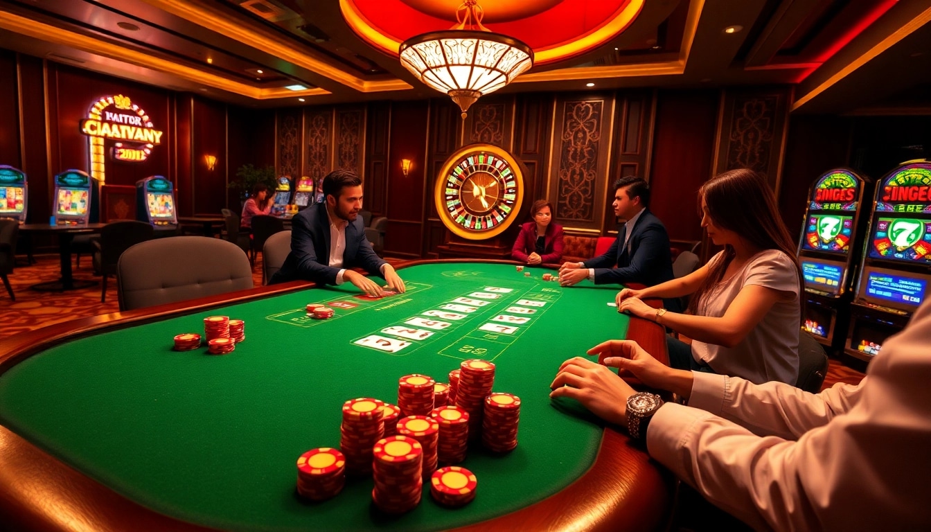 Experience high-stakes gaming action at bancadoithuong with illuminated roulette and poker scenes.