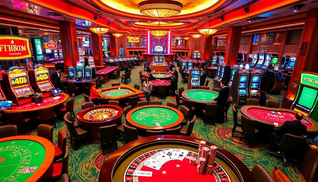 Experience thrilling gameplay at F168COM's luxurious casino with vibrant gaming tables and modern slot machines.