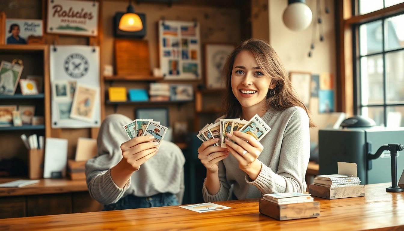 Young woman joyfully buying cheap postage stamps at a cozy post office.
