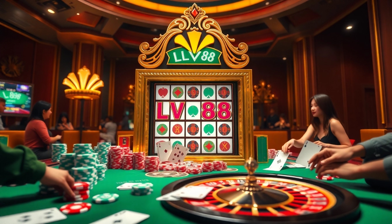 Players enjoying the LV88 slot machine in a lavish casino setting, engaging with vibrant gaming elements.