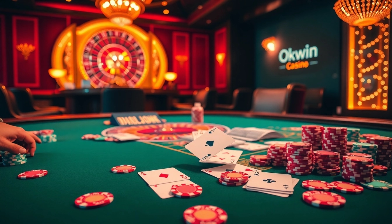 Okwin poker chips and cards on an elegant casino table, capturing the thrill of gaming.