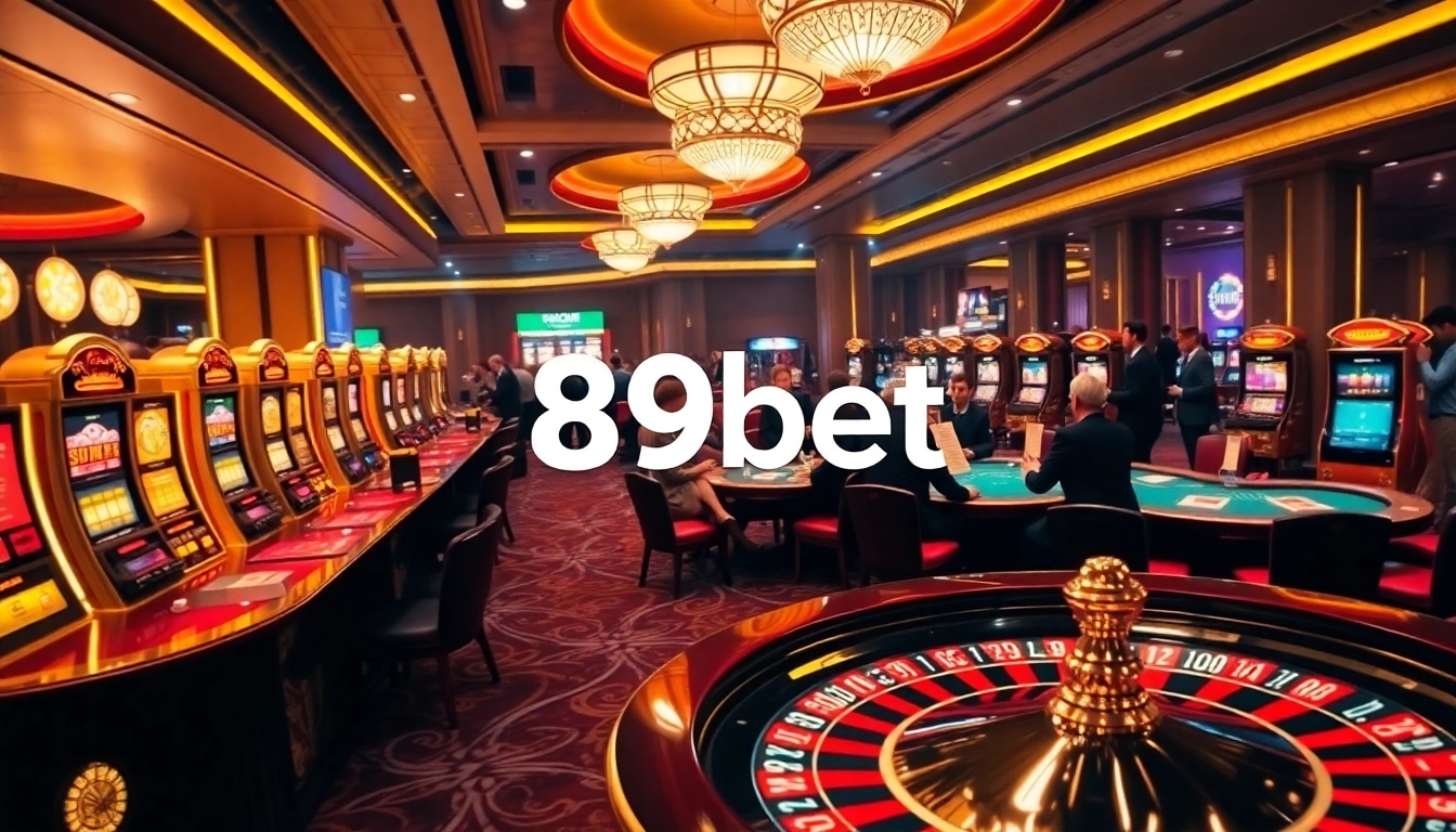 Exciting casino floor scene at 89bet with players at tables, slot machines, and high stakes atmosphere.
