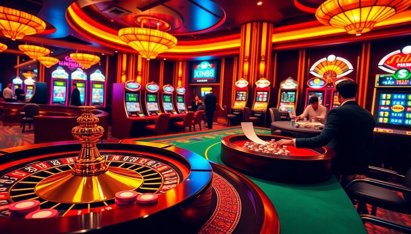 XIN88 engaging players at a vibrant casino with poker chips and roulette.