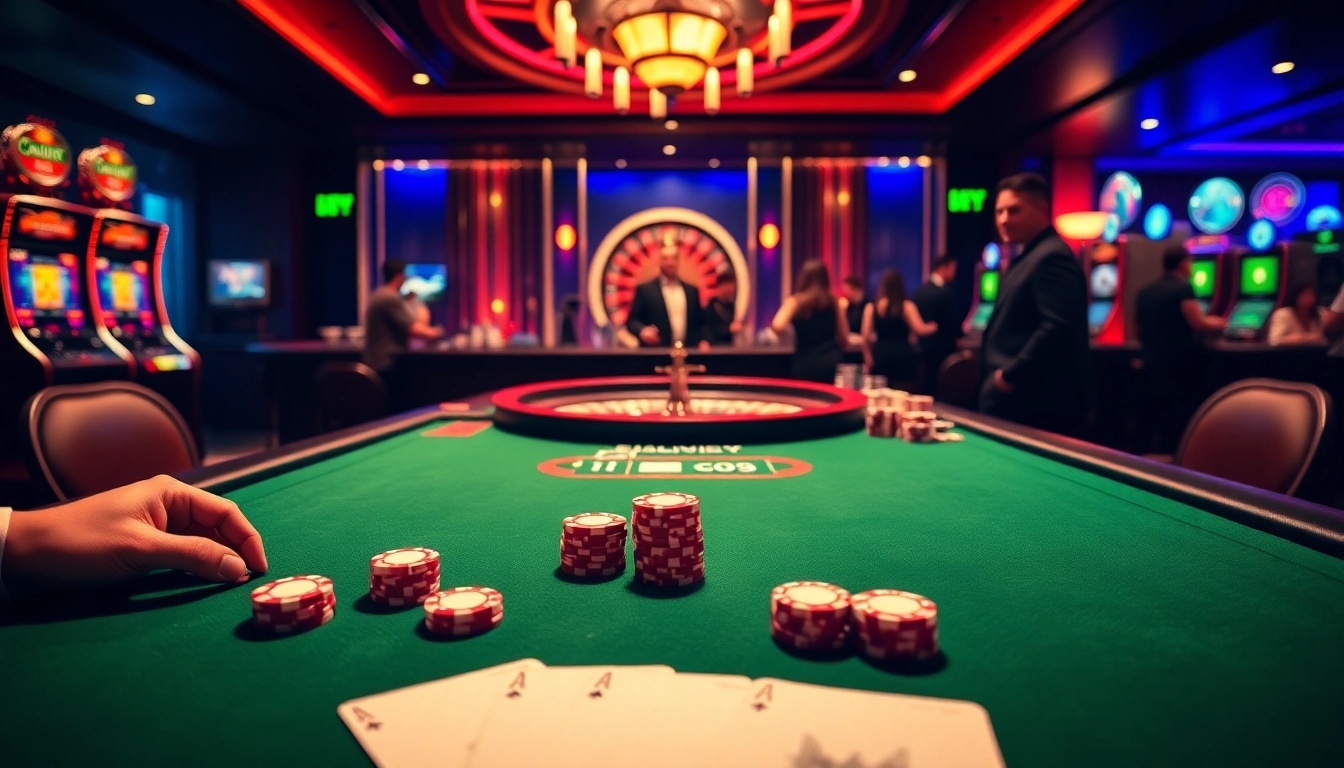 Experience the thrill of gaming at 888VI COM with an immersive casino scene featuring poker, roulette, and vibrant slot machines.