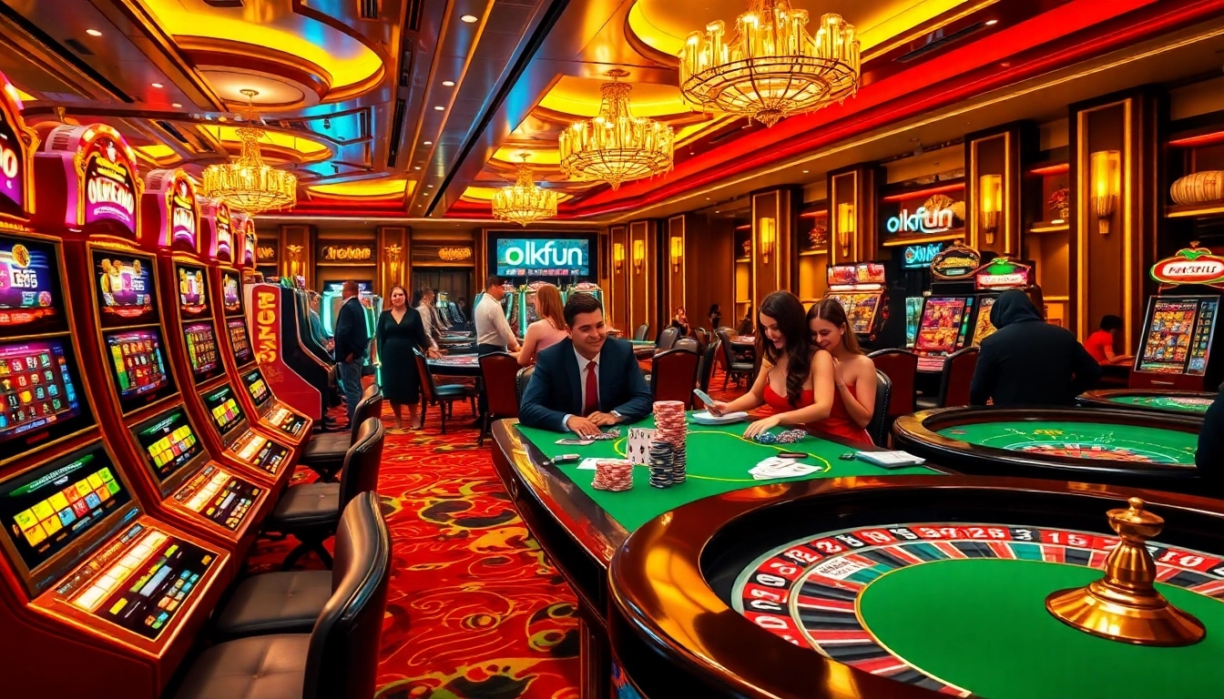 Exciting gameplay at a luxurious casino with okfun-themed slot machines and poker tables.