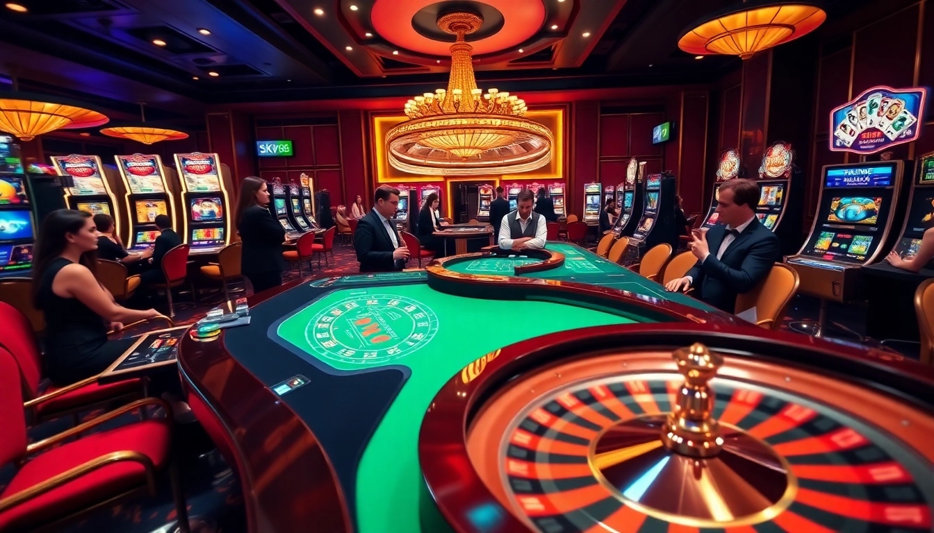 Experience the thrilling excitement of sky88 fun at a vibrant casino scene with players at the poker table.