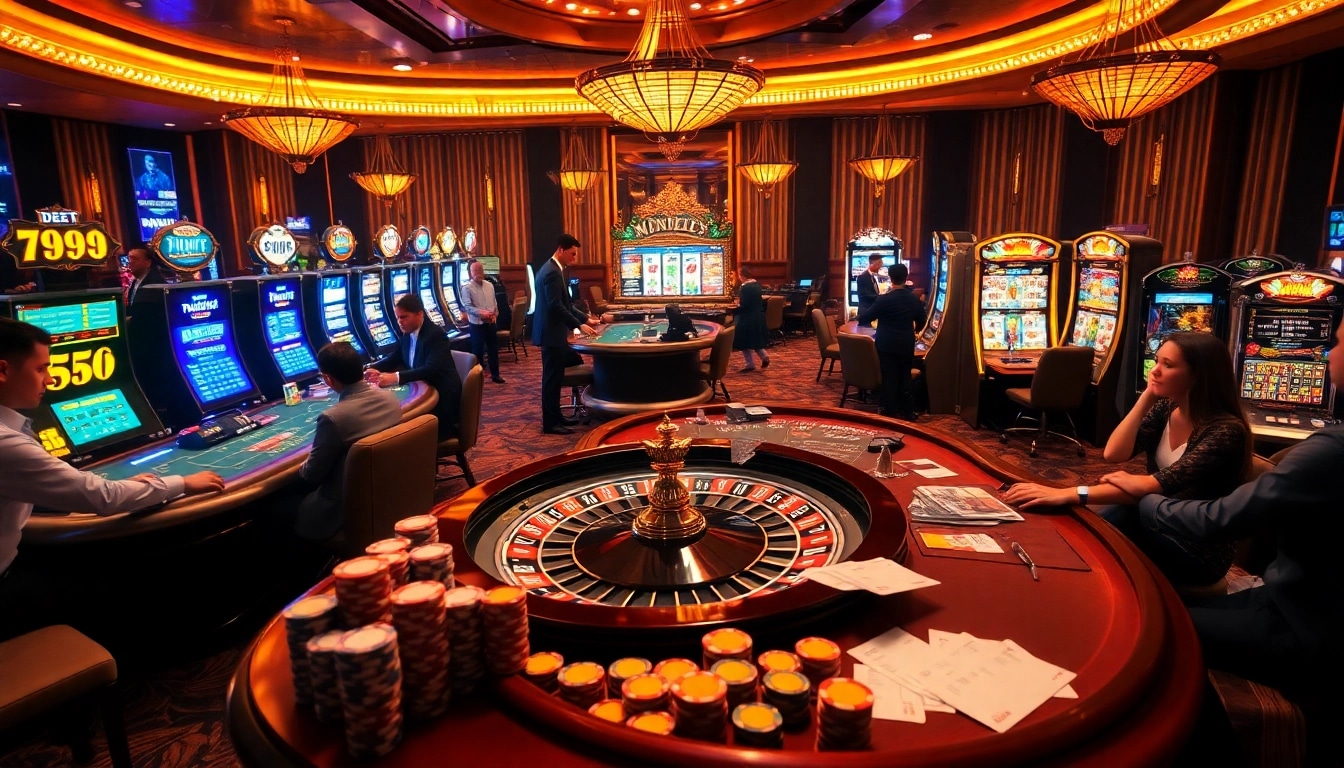 Exciting casino gameplay at 789BET with dealers, poker chips, and roulette wheels.