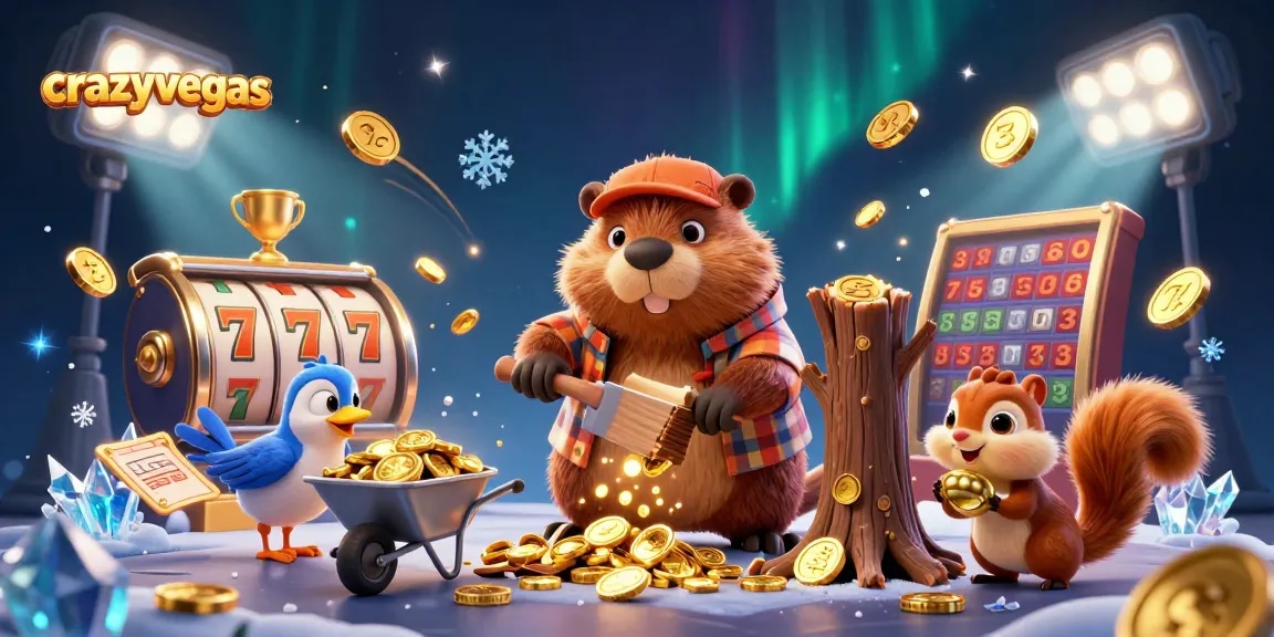 Experience the thrill at crazyvegas with a beaver chopping trees that rain golden coins, surrounded by vibrant casino elements.