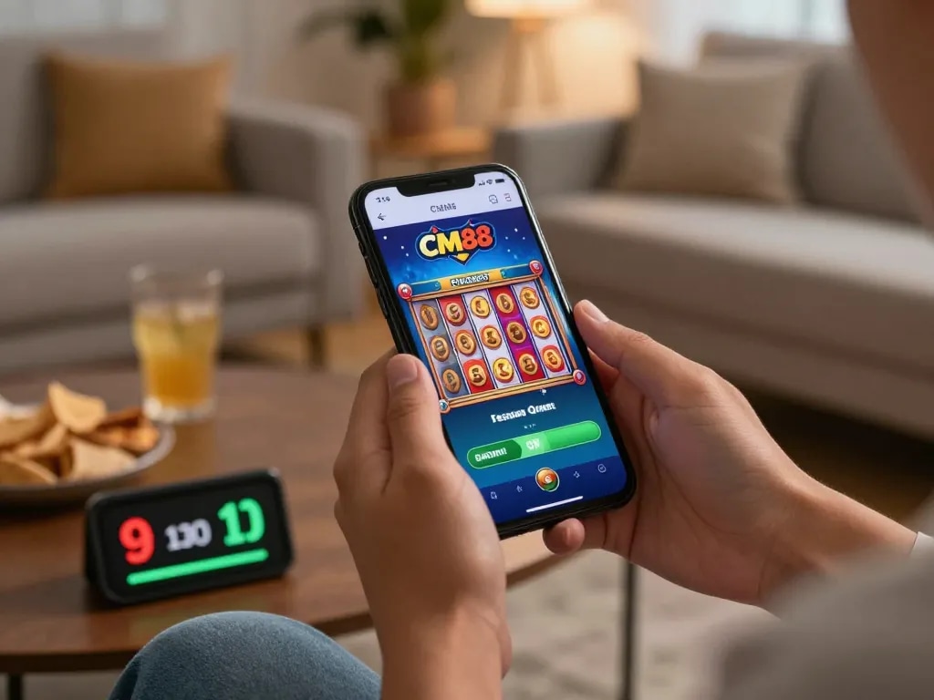 Enjoying thrilling gaming experience through CM88 mobile app with dynamic slot game action.