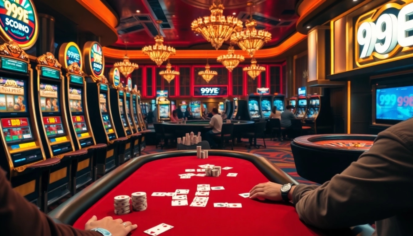 Players enjoying the excitement at 999E casino with vibrant slot machines and poker tables.