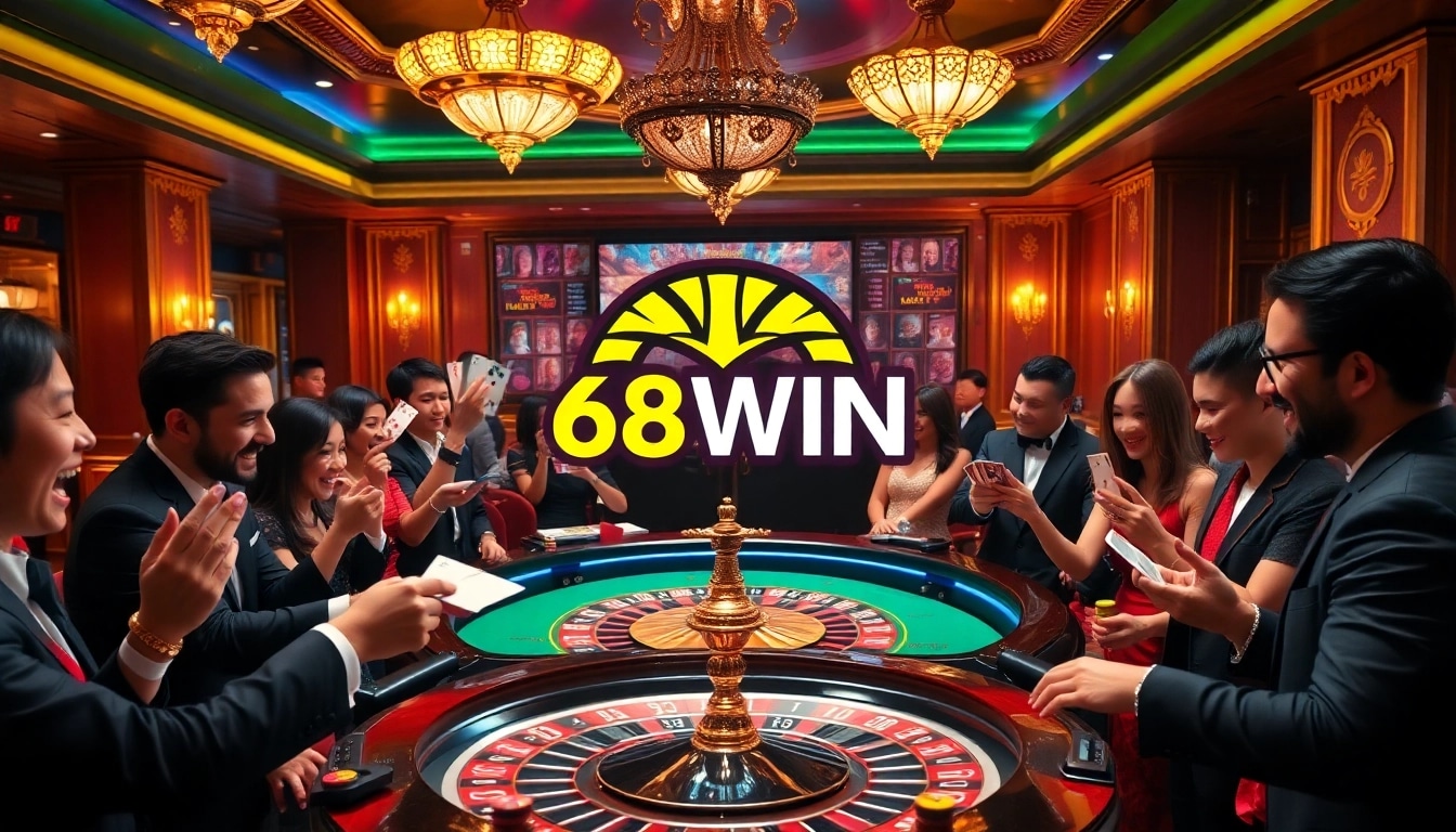 Players enjoying high-stakes gambling at a vibrant 68WIN roulette table with chips and excitement.