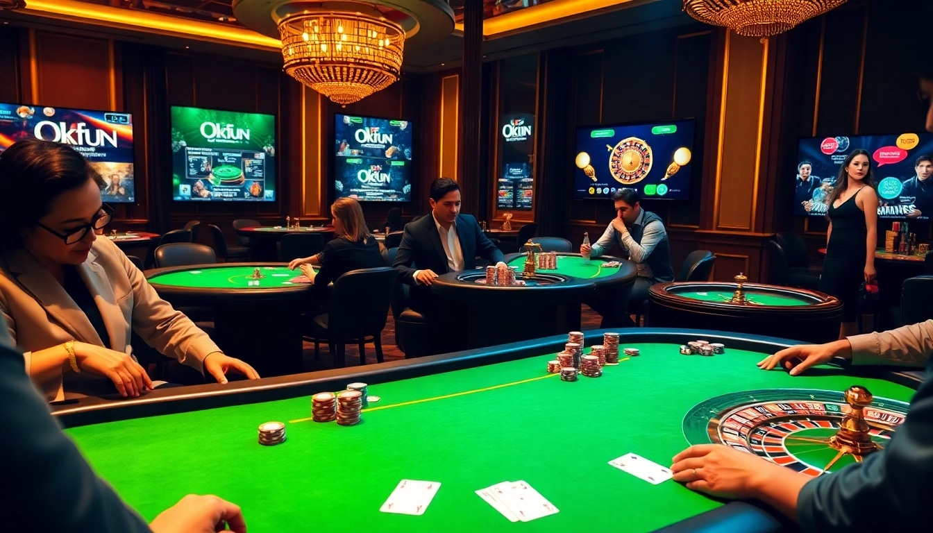 Players engaged in poker at Okfun's luxurious casino table, showcasing vibrant chips and high-stakes excitement.