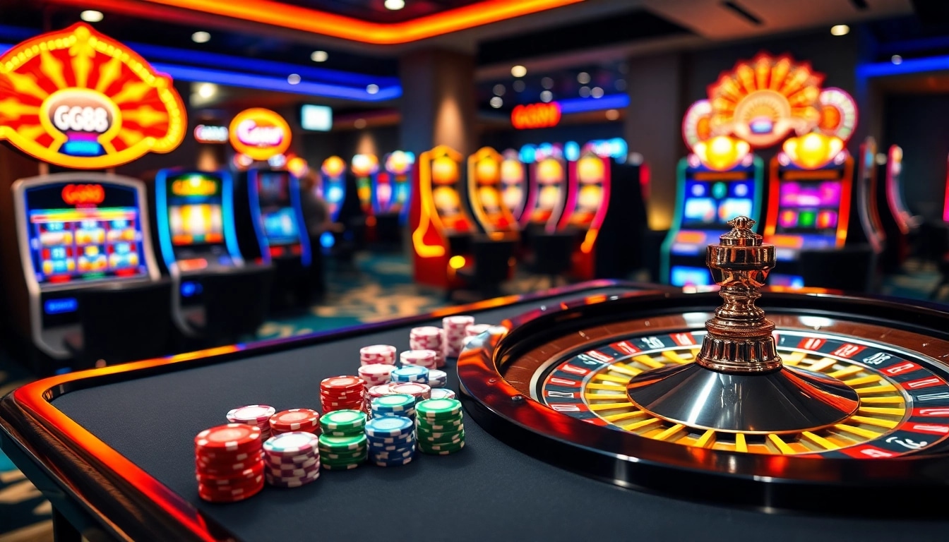 Engage in thrilling gameplay at GG88 with vibrant casino elements and professional gaming tables.