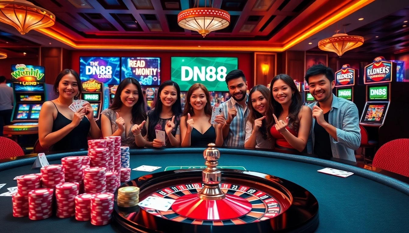Experience thrilling gaming at https://dn88s.net/ with vibrant casino tables, chips, and enthusiastic players.