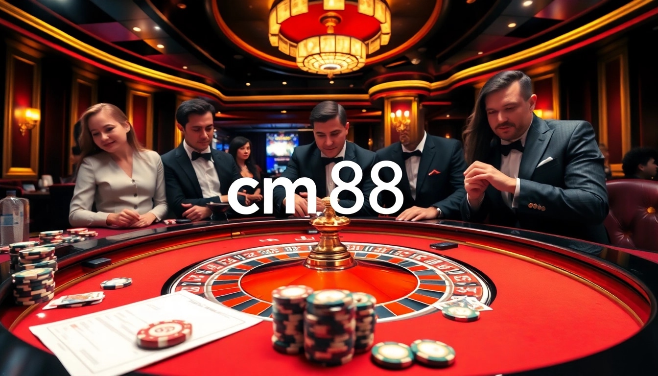 Engaging gamblers at a luxurious casino table filled with cards and chips, highlighting cm 88.