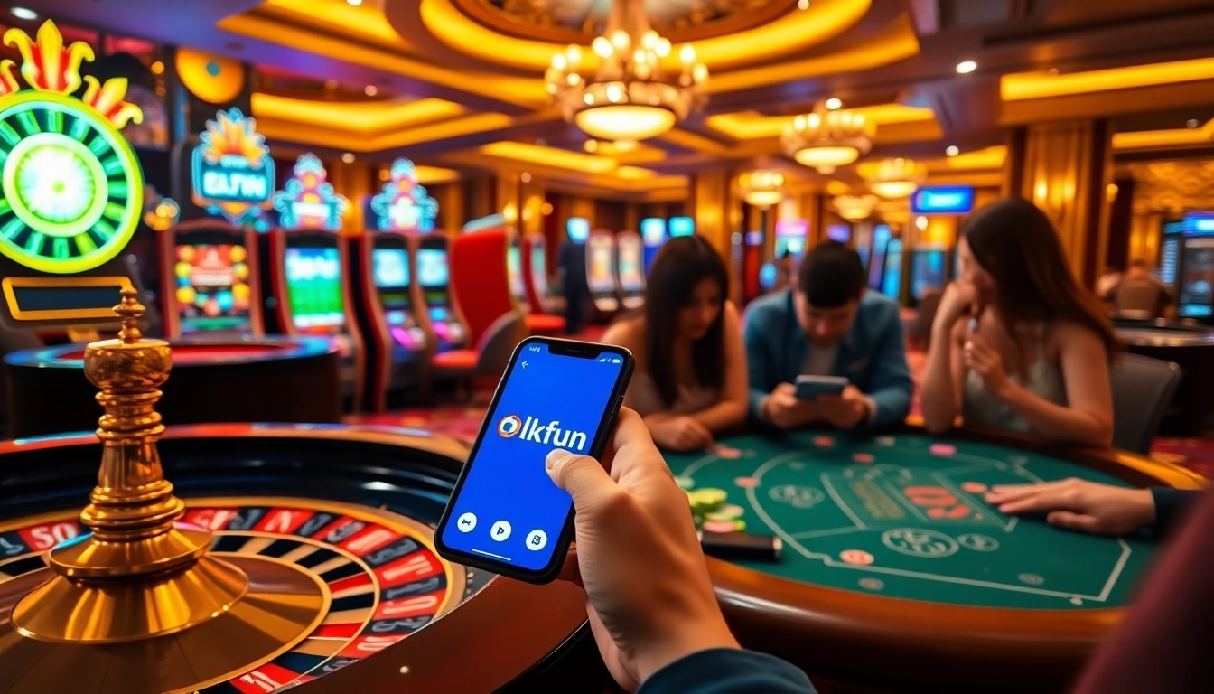 Players enjoying mobile gambling with app okfun in a luxurious casino setting.