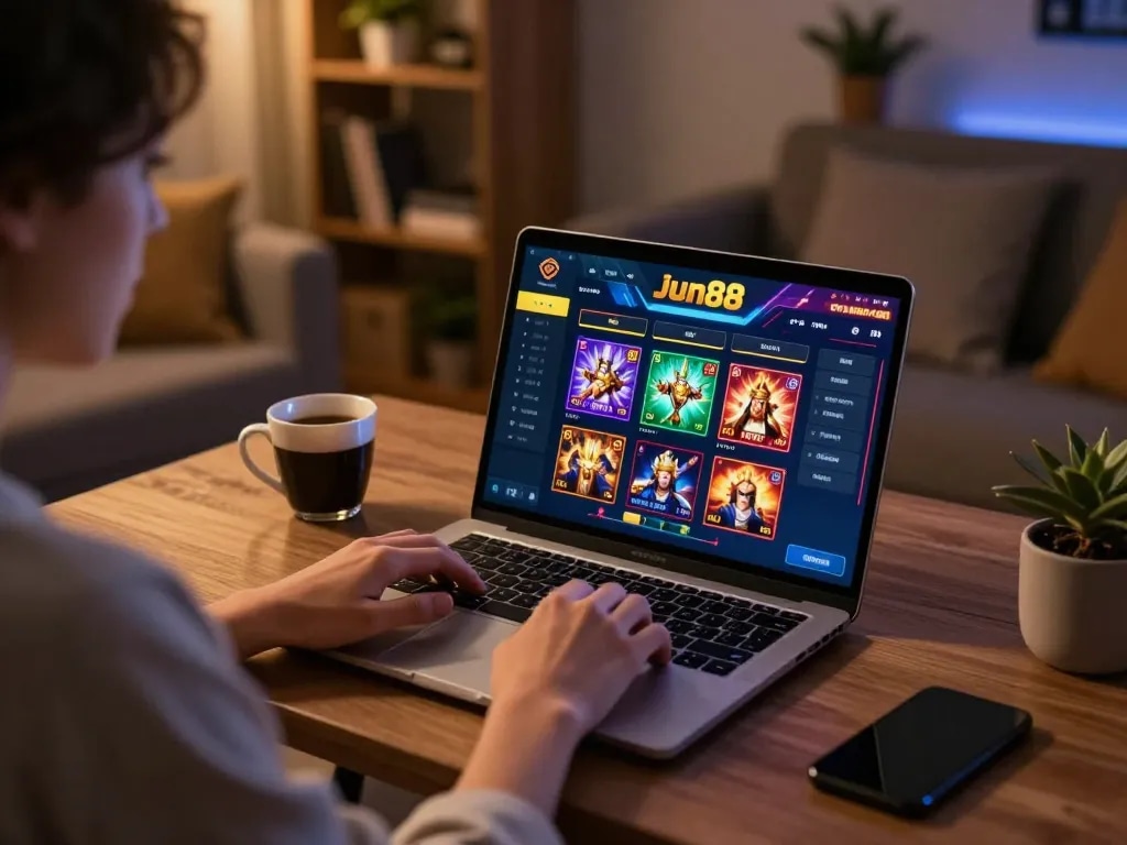 Player engages with jun88 online casino on a laptop in a cozy home setting with ambient lighting.