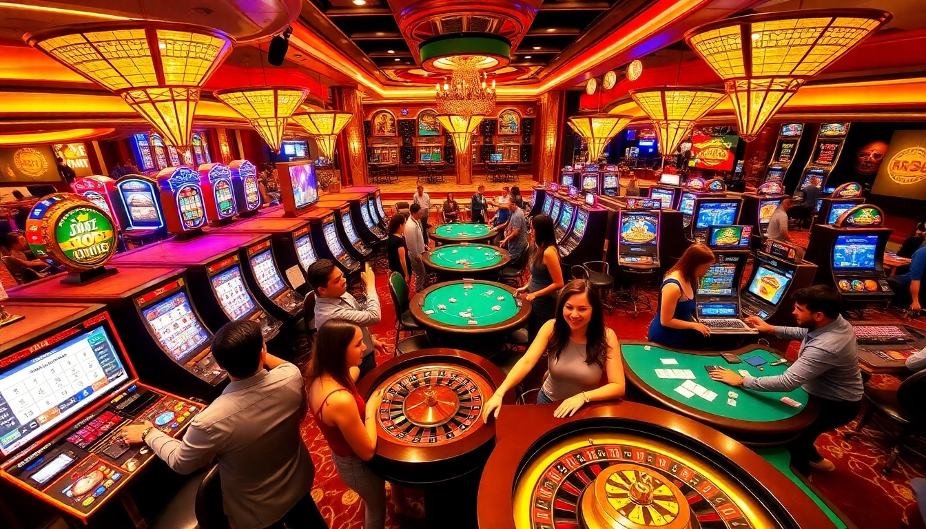 Players enjoying an immersive RR88 gaming experience with vibrant table games and slot machines.