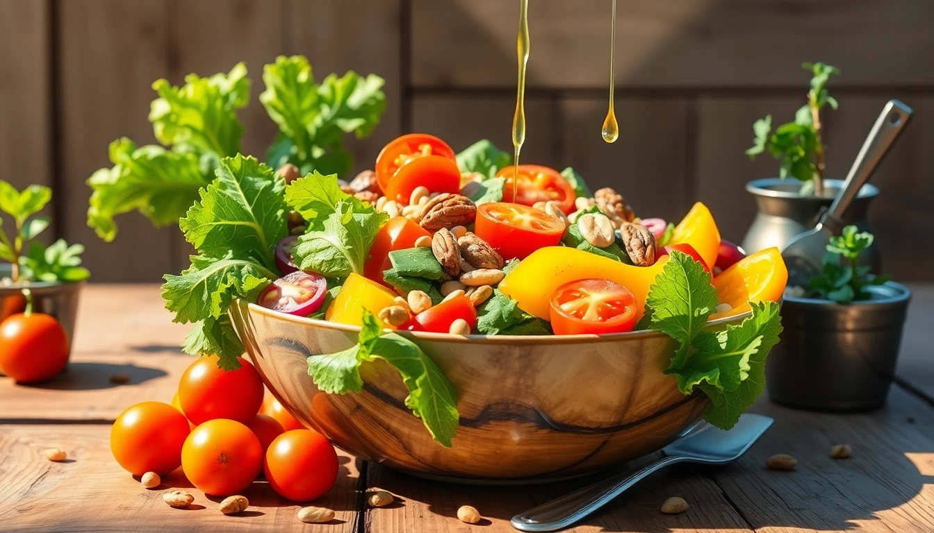 Indulge in this vibrant healthy food salad filled with fresh organic vegetables and nuts.