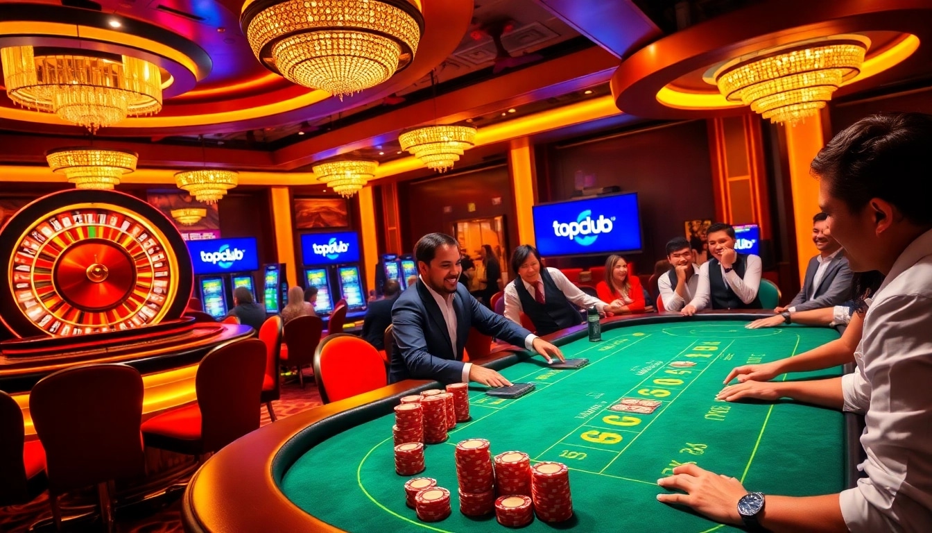 Players enjoy a thrilling game experience at topclub's casino, with vibrant tables and slot machines.