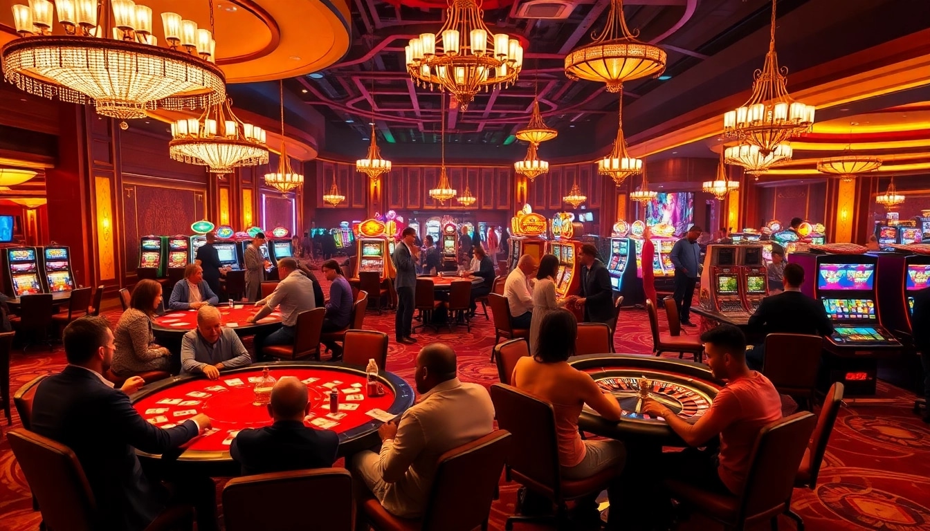 188bet players enjoying thrilling games at an upscale casino with vibrant slot machines and lively poker tables.