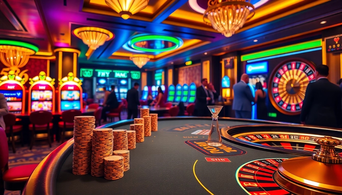 Action-packed FLY888 casino scene with vibrant games, dealers, and high-stakes excitement.