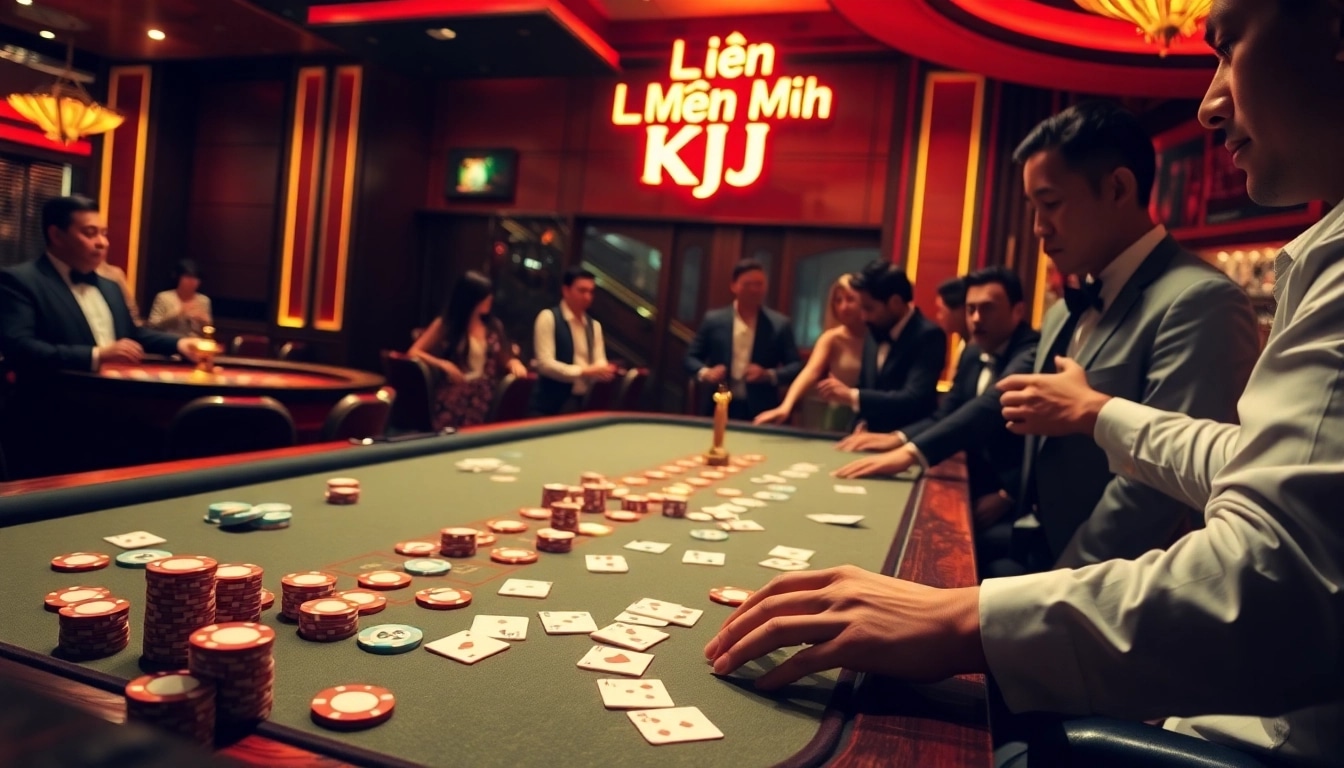 Gambling excitement at the Liên Minh KJC casino with chips and cards on a vibrant poker table.