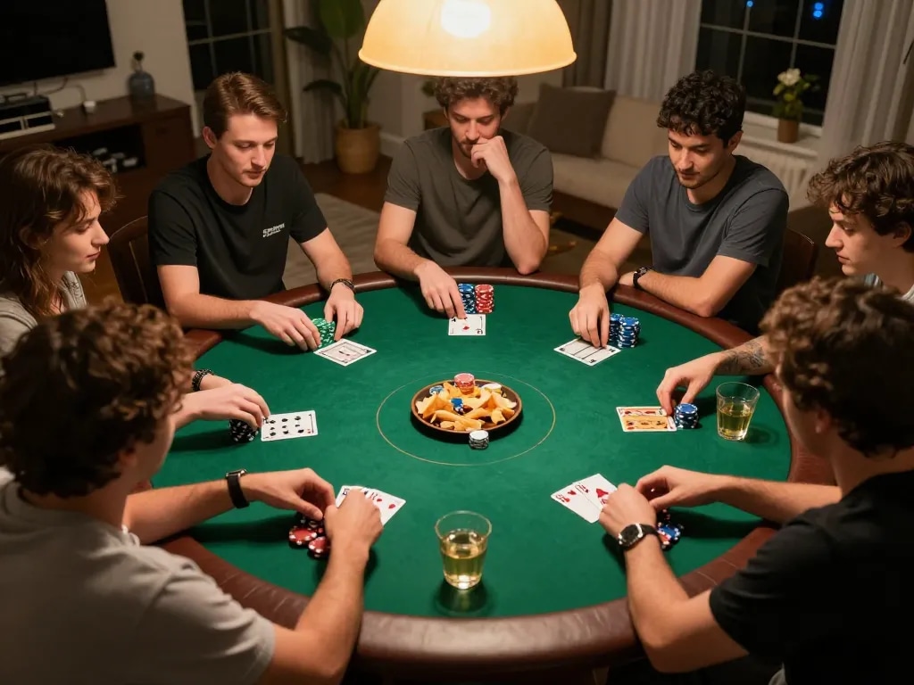 Friends engage in an exciting game of poker at home, showcasing the strategic thrills of 789WIN.