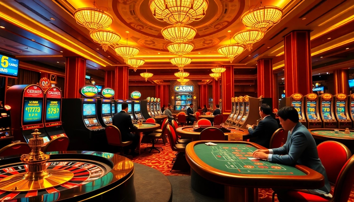 Experience the excitement of a nhà cái uy tín with vibrant gaming tables, roulette wheels, and slot machines.