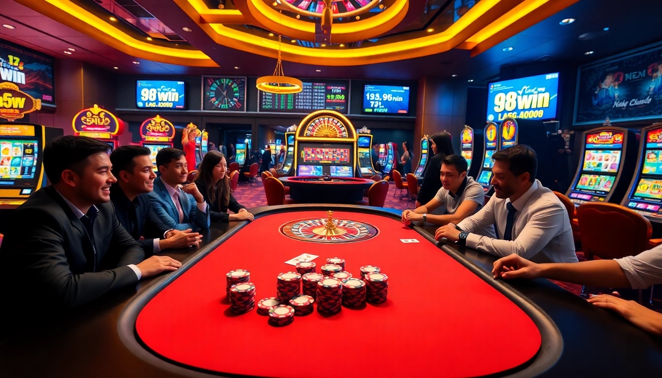 Engage with the thrilling atmosphere of 98win casino featuring poker tables, slot machines, and vibrant lighting.