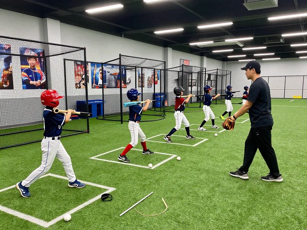 Hitclub training scene with young athletes practicing baseball skills in a vibrant indoor facility.