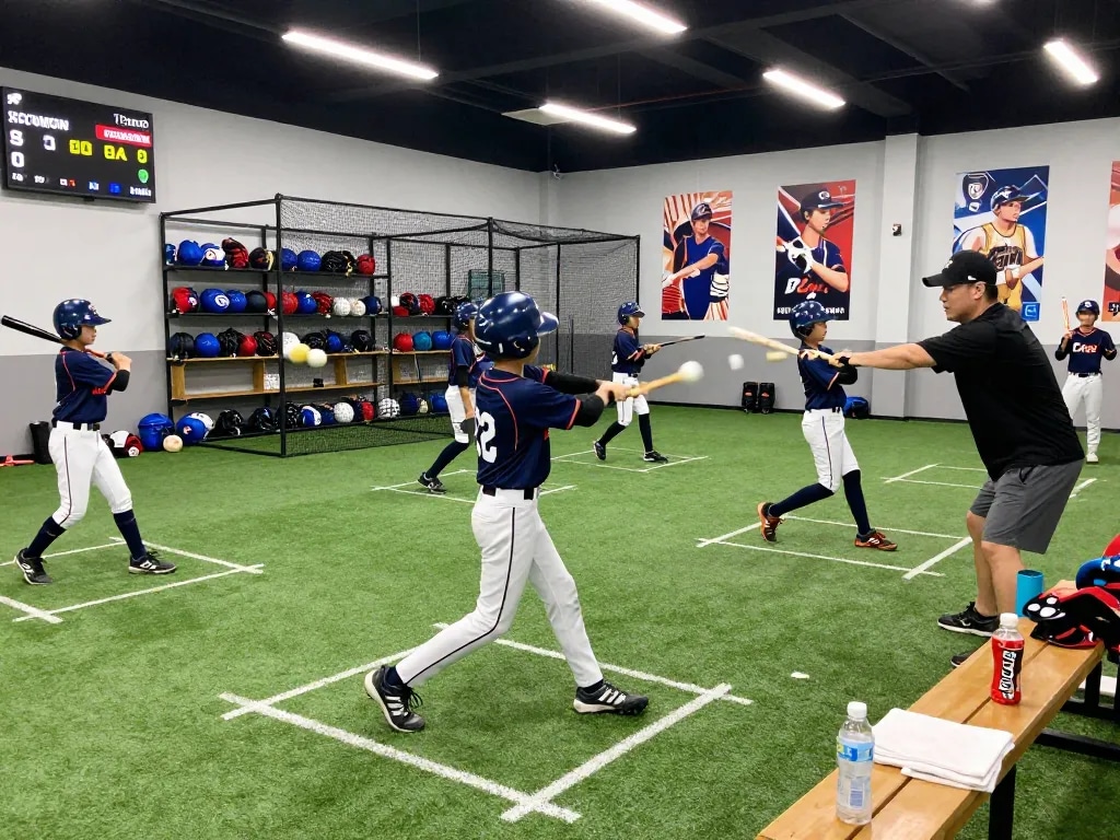 Hitclub baseball training session with young athletes practicing swings and coaching in modern facility.