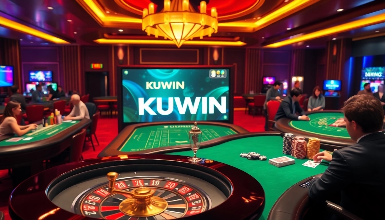 Engaging scene of gamblers at the casino tables featuring KUWIN logo.