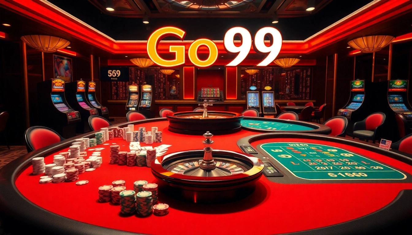 Experience high-stakes gambling at Go99 with luxurious tables and vibrant casino elements.