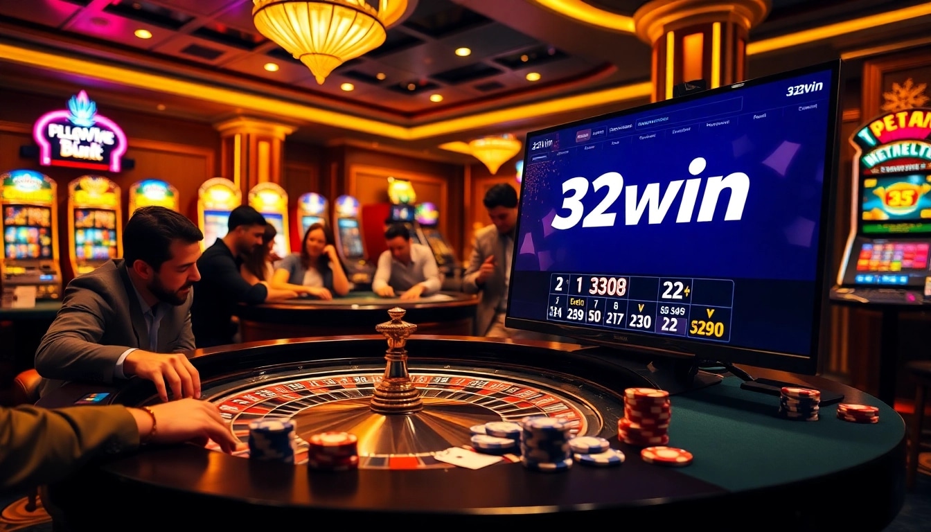 32win players enjoying an engaging casino atmosphere with roulette, cards, and joyful excitement.