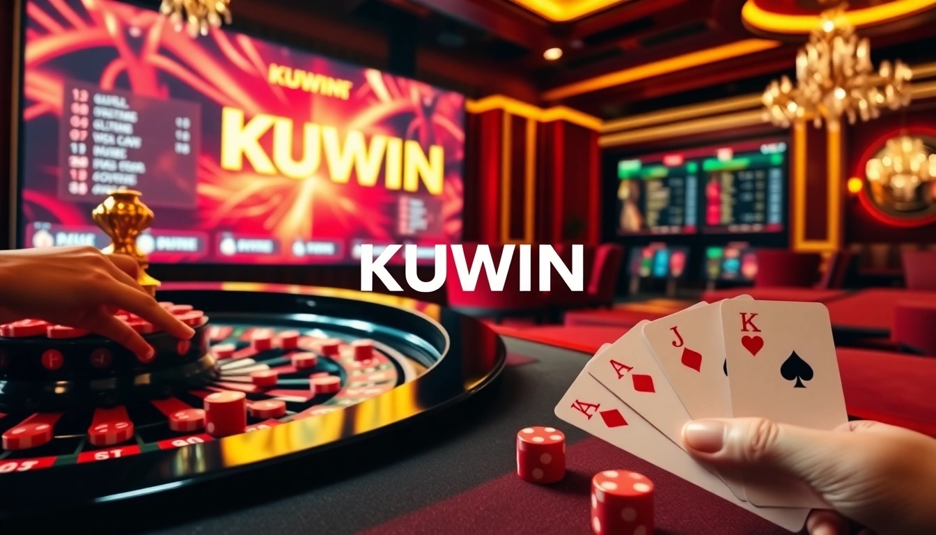 Kuwin offers a vibrant casino experience showcasing poker cards and roulette in an upscale setting.