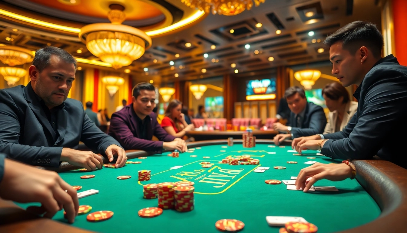 Engaging players strategizing at the RIKVIP poker table with vibrant colors and luxurious ambiance.