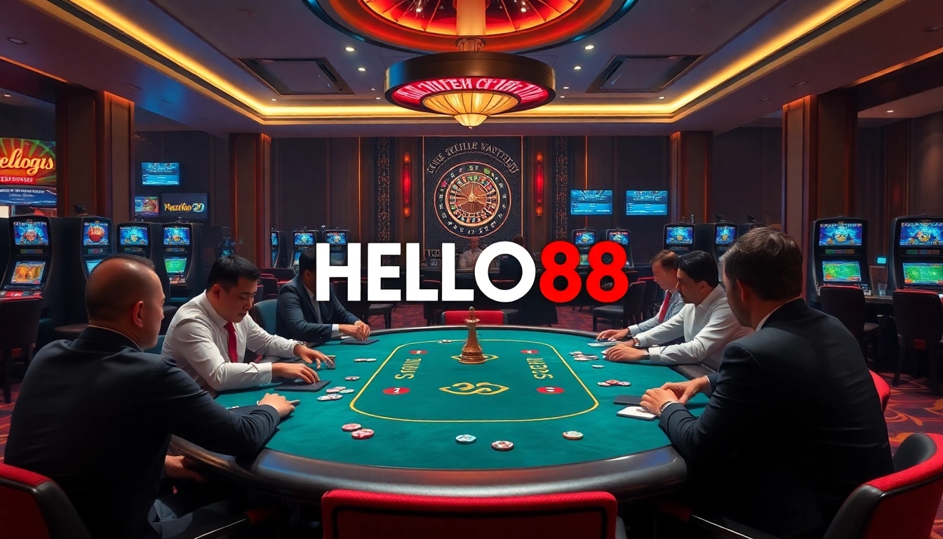 Experience high-stakes gaming at HELLO88's luxurious casino table with vibrant poker action.