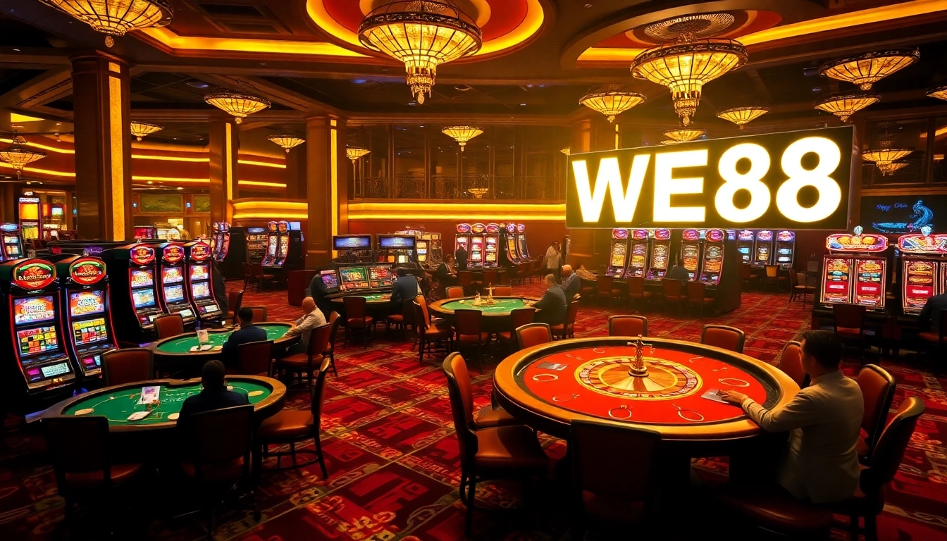 WE88 casino scene showing players enjoying blackjack and roulette in a luxurious atmosphere.