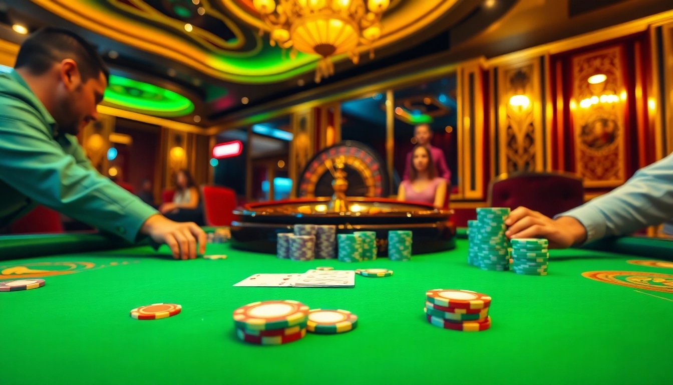 DAGA players strategizing at an upscale poker table in an elegant casino atmosphere.