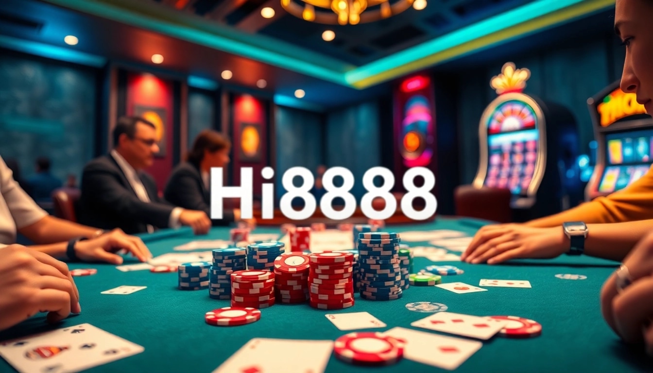 Players enjoy a thrilling game at Hi888 casino, featuring vibrant poker chips and cards.